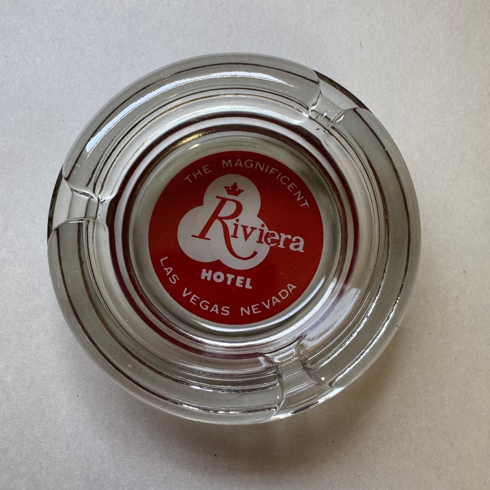 Vintage Riviera Hotel Las Vegas Nevada Glass Ashtray Red Logo Tobacciana